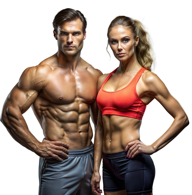 Een atletische man en vrouw met een gespierd lichaam poseren in sportkleding