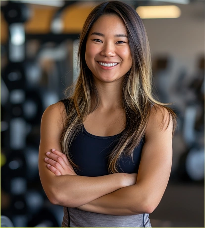 Een glimlachende fitnesstrainster staat in de sportschool met haar armen over elkaar