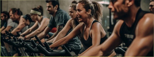Mannen en vrouwen trainen op hometrainers in de fitnessruimte tijdens een intensieve training