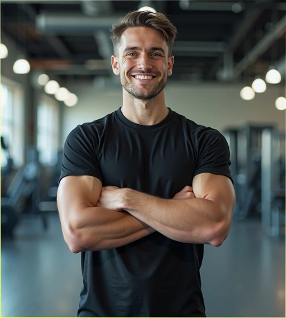 Een mannelijke fitnesstrainer in een zwart T-shirt staat met zijn armen over elkaar in een moderne sportschool