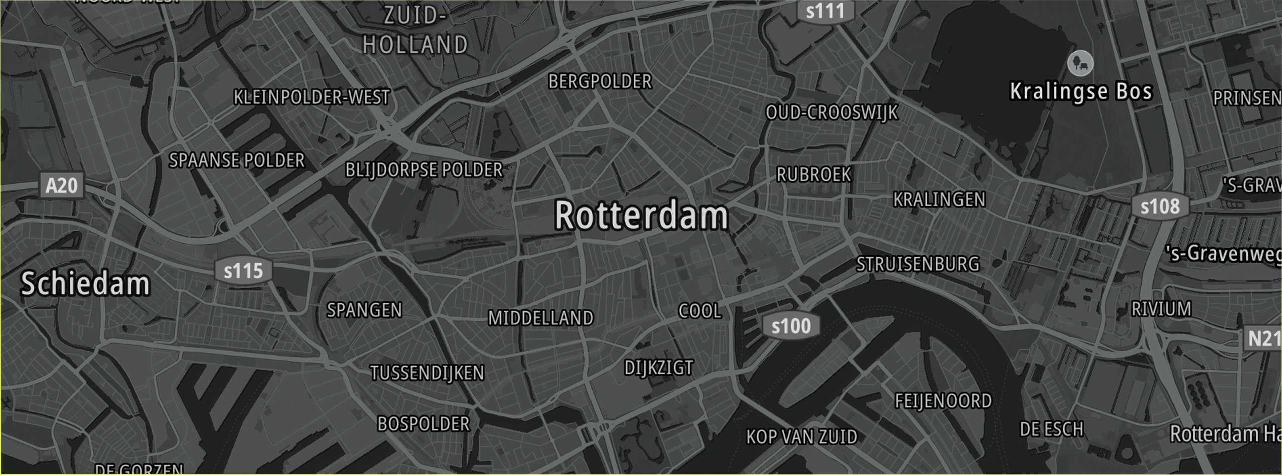 Google-kaart van Rotterdam met wegen en straten in zwart-wit