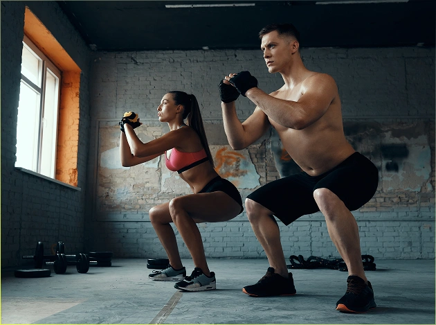 Een man en een vrouw doen squats in de sportschool; een training voor kracht en uithoudingsvermogen
