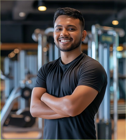 Een jonge personal trainer staat glimlachend in de fitnessruimte, met de fitnessapparaten op de achtergrond